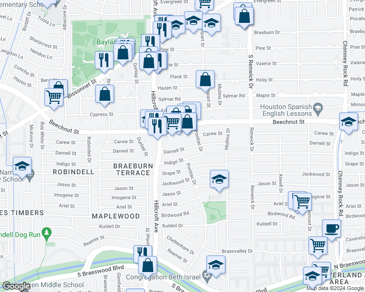 map of restaurants, bars, coffee shops, grocery stores, and more near 5722 Darnell Street in Houston