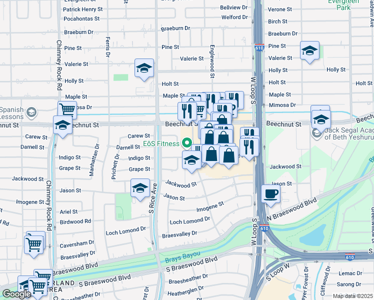 map of restaurants, bars, coffee shops, grocery stores, and more near 8650 Endicott Lane in Houston
