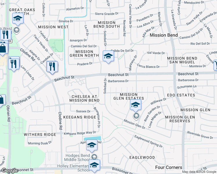 map of restaurants, bars, coffee shops, grocery stores, and more near 16303 April Ridge Drive in Houston