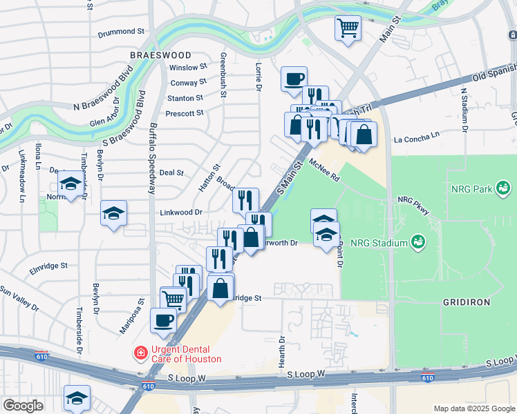 map of restaurants, bars, coffee shops, grocery stores, and more near 2810 Broadmead Drive in Houston