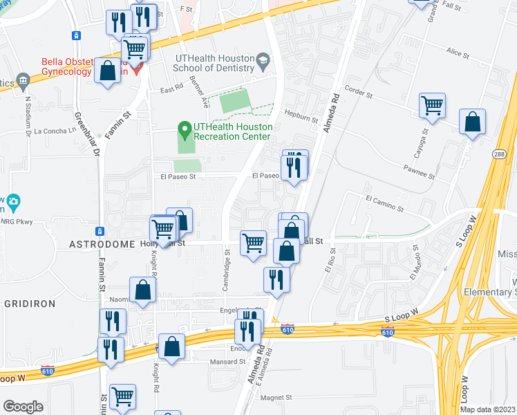 map of restaurants, bars, coffee shops, grocery stores, and more near 2425 Holly Hall Street in Houston