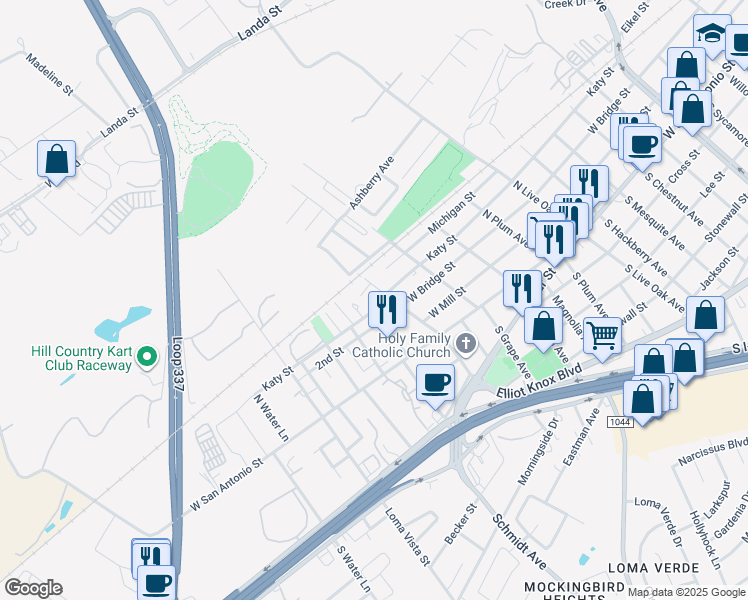 map of restaurants, bars, coffee shops, grocery stores, and more near 2414 2nd Street in New Braunfels