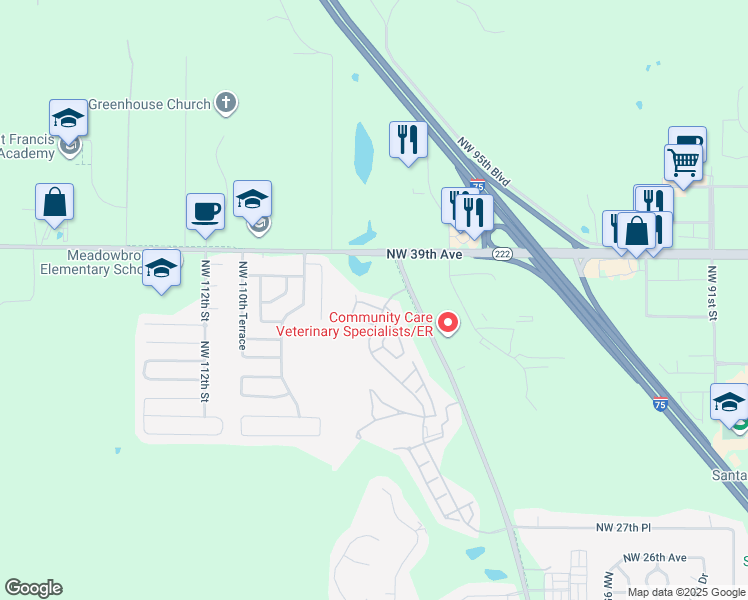 map of restaurants, bars, coffee shops, grocery stores, and more near 10520 Northwest 36th Lane in Gainesville