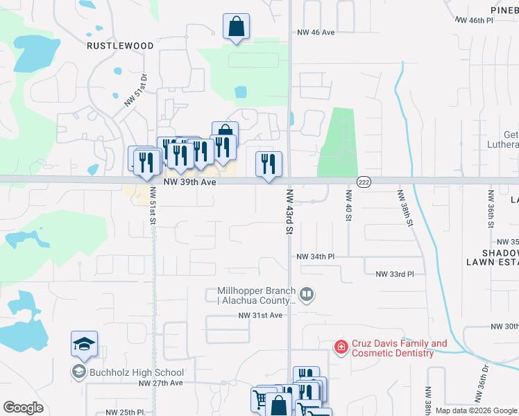 map of restaurants, bars, coffee shops, grocery stores, and more near 4420 Northwest 36th Avenue in Gainesville