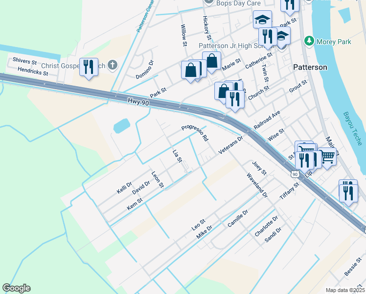 map of restaurants, bars, coffee shops, grocery stores, and more near 821-913 Lia Street in Patterson