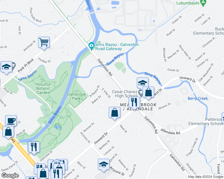 map of restaurants, bars, coffee shops, grocery stores, and more near 8520 Baker Dr in Houston