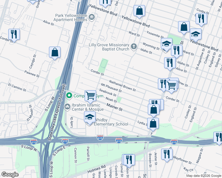 map of restaurants, bars, coffee shops, grocery stores, and more near 3569 Seabrook Street in Houston