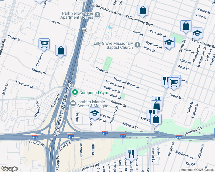 map of restaurants, bars, coffee shops, grocery stores, and more near 3518 Seabrook Street in Houston
