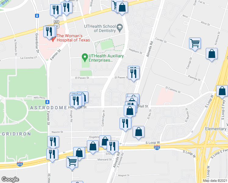 map of restaurants, bars, coffee shops, grocery stores, and more near 2425 Holly Hall Street in Houston