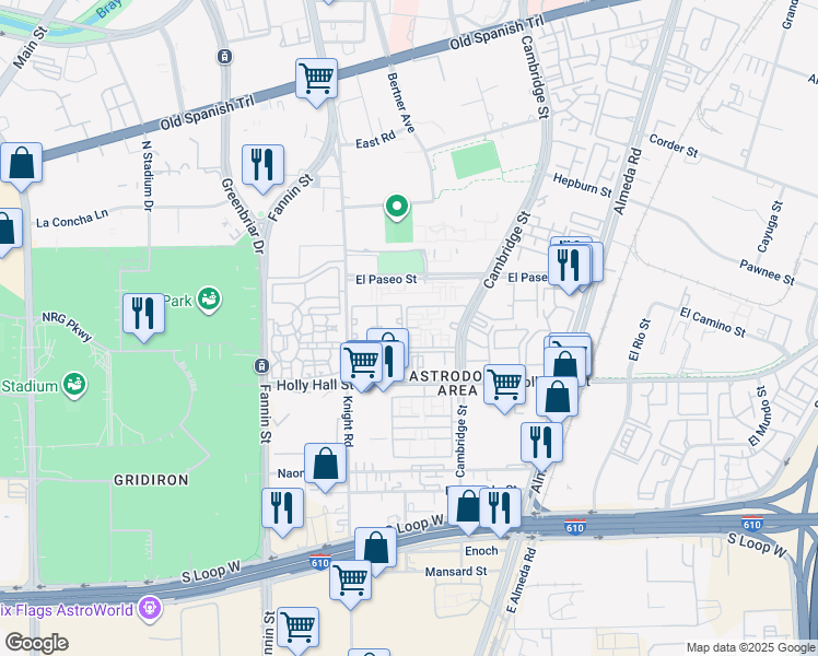 map of restaurants, bars, coffee shops, grocery stores, and more near 8282 Cambridge Street in Houston
