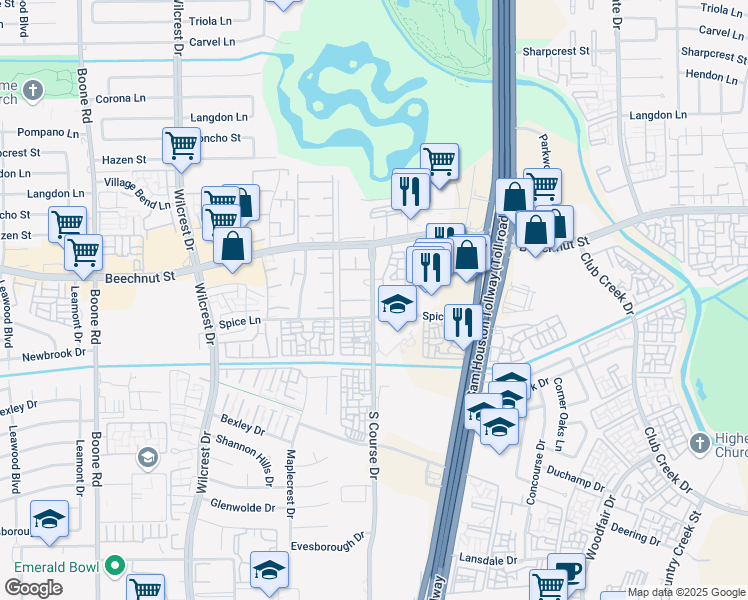 map of restaurants, bars, coffee shops, grocery stores, and more near 7 Spice Lane in Houston