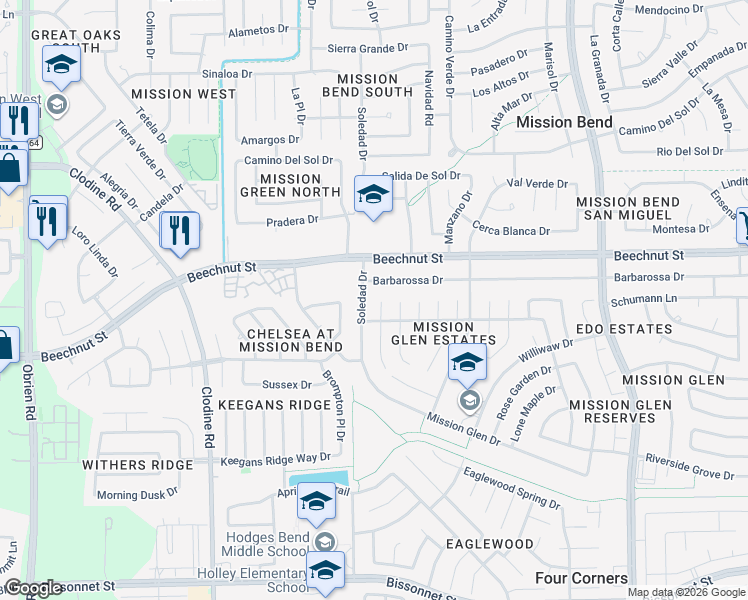 map of restaurants, bars, coffee shops, grocery stores, and more near 16303 April Ridge Drive in Houston