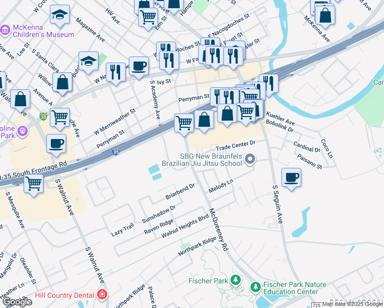 map of restaurants, bars, coffee shops, grocery stores, and more near 1674 McQueeney Road in New Braunfels