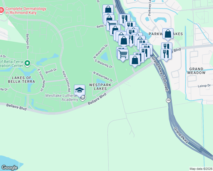 map of restaurants, bars, coffee shops, grocery stores, and more near 23027 South Waterlake in Richmond