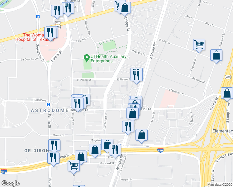 map of restaurants, bars, coffee shops, grocery stores, and more near 2425 Holly Hall Street in Houston