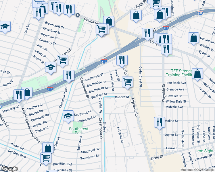 map of restaurants, bars, coffee shops, grocery stores, and more near 5971 Southridge Street in Houston