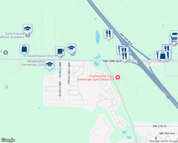 map of restaurants, bars, coffee shops, grocery stores, and more near 3703 Northwest 107th Terrace in Gainesville