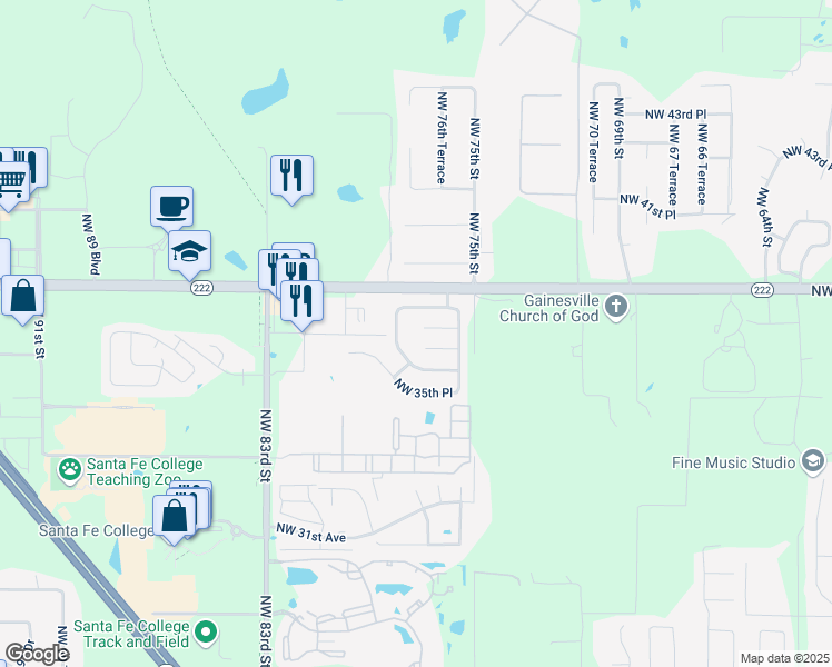 map of restaurants, bars, coffee shops, grocery stores, and more near 7727 Northwest 38th Place in Gainesville