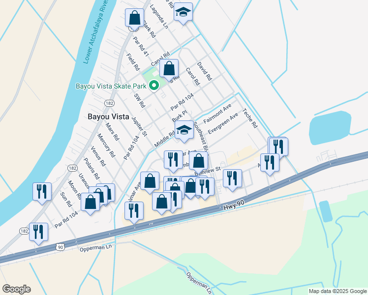 map of restaurants, bars, coffee shops, grocery stores, and more near 1155 Delmar Avenue in Morgan City
