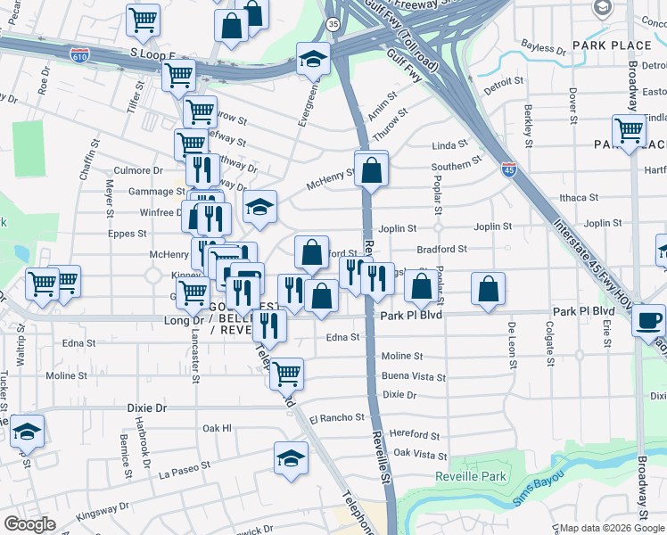 map of restaurants, bars, coffee shops, grocery stores, and more near 7517 Bradford Street in Houston