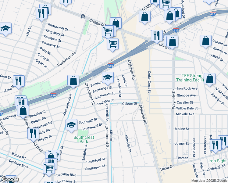 map of restaurants, bars, coffee shops, grocery stores, and more near 5971 Southridge Street in Houston