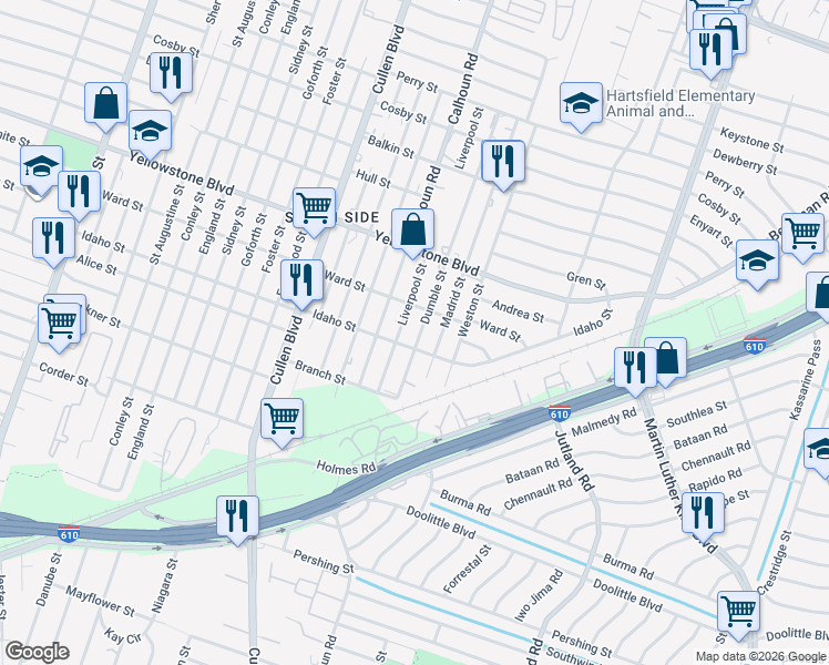 map of restaurants, bars, coffee shops, grocery stores, and more near 4802 Ward Street in Houston