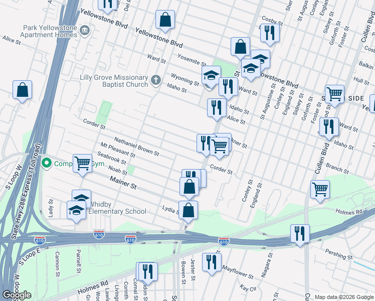 map of restaurants, bars, coffee shops, grocery stores, and more near 3814 Amos Street in Houston