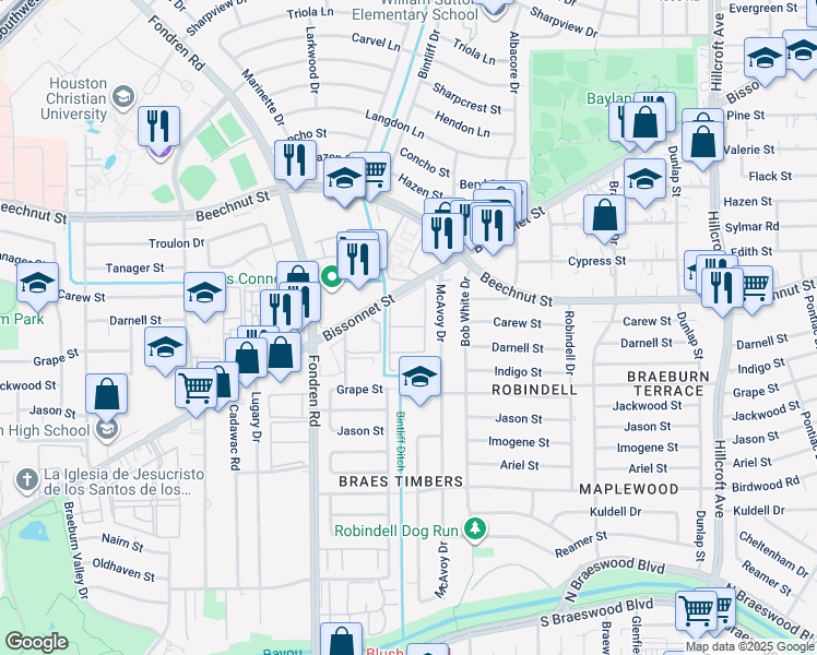 map of restaurants, bars, coffee shops, grocery stores, and more near 7003 Bissonnet Street in Houston