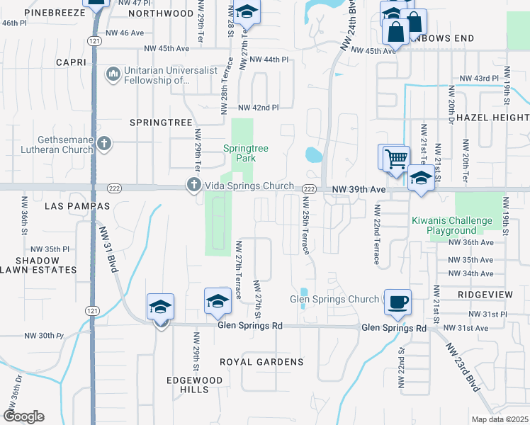 map of restaurants, bars, coffee shops, grocery stores, and more near 3831 Northwest 27th Street in Gainesville