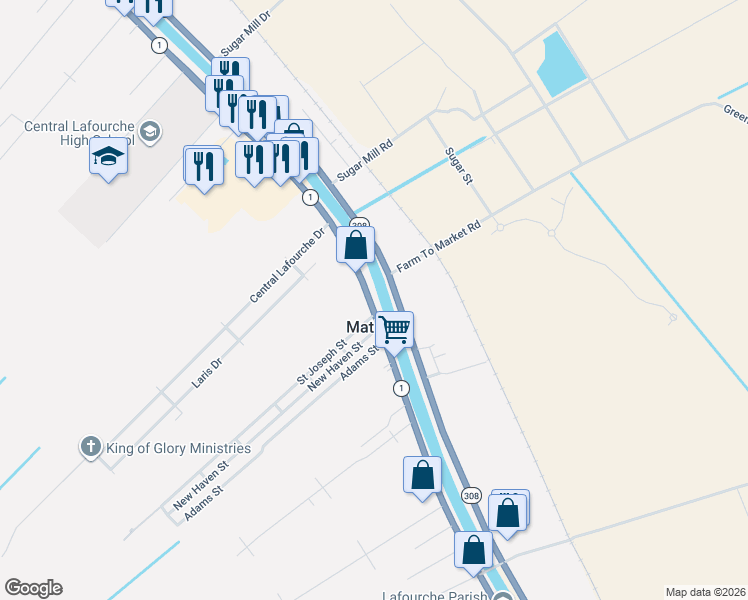 map of restaurants, bars, coffee shops, grocery stores, and more near 4930-4970 Highway 1 in Raceland