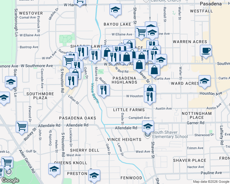map of restaurants, bars, coffee shops, grocery stores, and more near 308 Rustic Drive in Pasadena