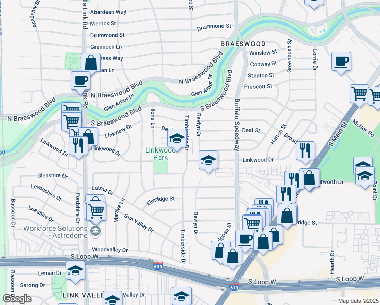 map of restaurants, bars, coffee shops, grocery stores, and more near 3660 Timberside Circle Drive in Houston