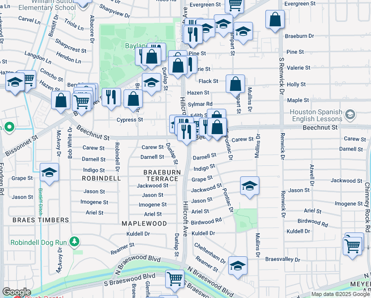 map of restaurants, bars, coffee shops, grocery stores, and more near 8402 Hillcroft Avenue in Houston