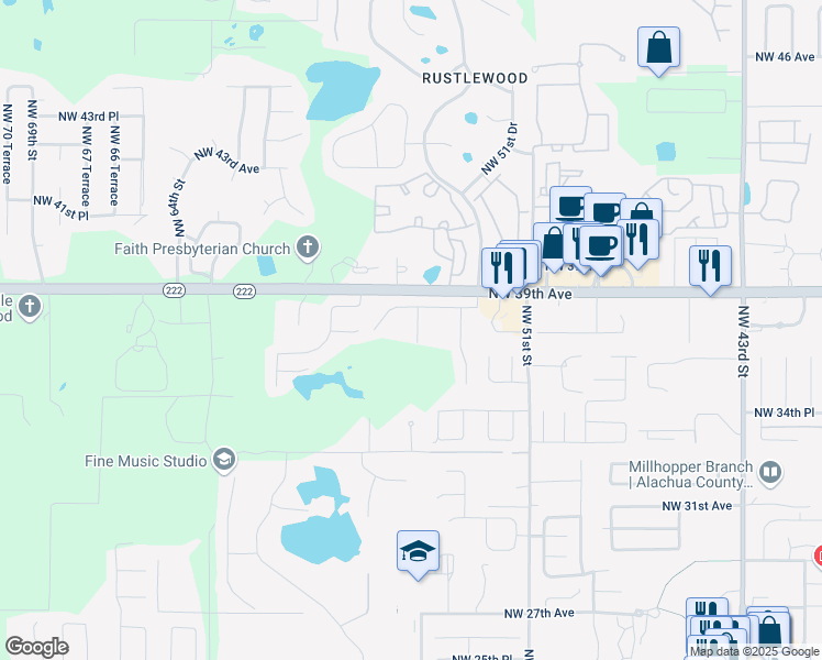 map of restaurants, bars, coffee shops, grocery stores, and more near 5605 Northwest 38 Place in Gainesville