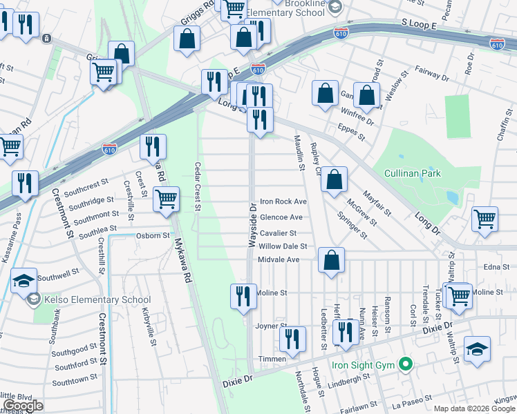 map of restaurants, bars, coffee shops, grocery stores, and more near 6209 Iron Rock Avenue in Houston