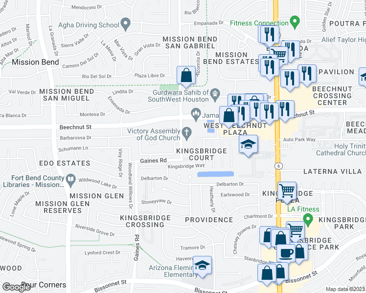 map of restaurants, bars, coffee shops, grocery stores, and more near 15122 Gaines Meadow Court in Houston