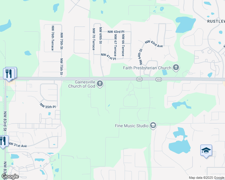 map of restaurants, bars, coffee shops, grocery stores, and more near 6711-6819 Northwest 39th Avenue in Gainesville