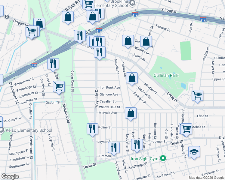 map of restaurants, bars, coffee shops, grocery stores, and more near 6305 Iron Rock Avenue in Houston
