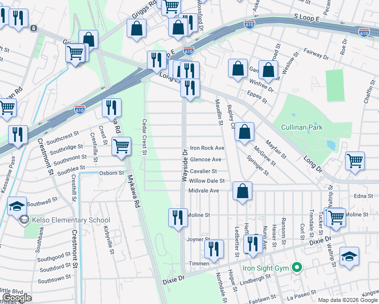 map of restaurants, bars, coffee shops, grocery stores, and more near 6209 Iron Rock Avenue in Houston