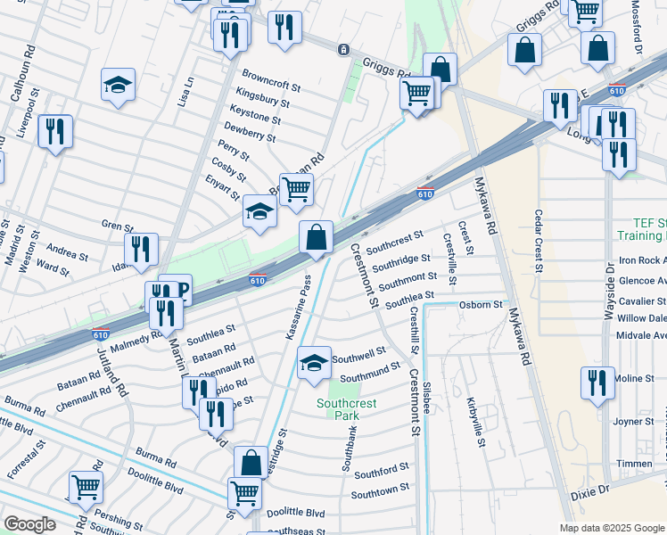 map of restaurants, bars, coffee shops, grocery stores, and more near 5809 Southcrest Street in Houston