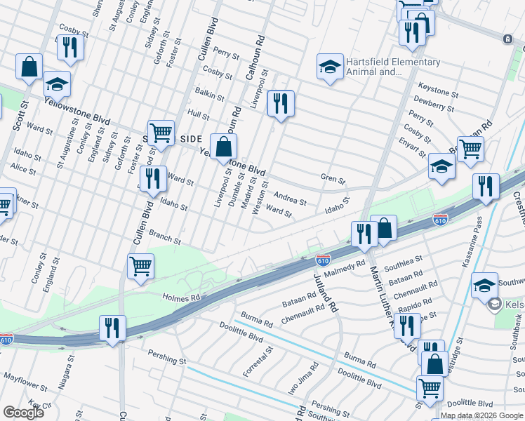 map of restaurants, bars, coffee shops, grocery stores, and more near 6734 Weston Street in Houston