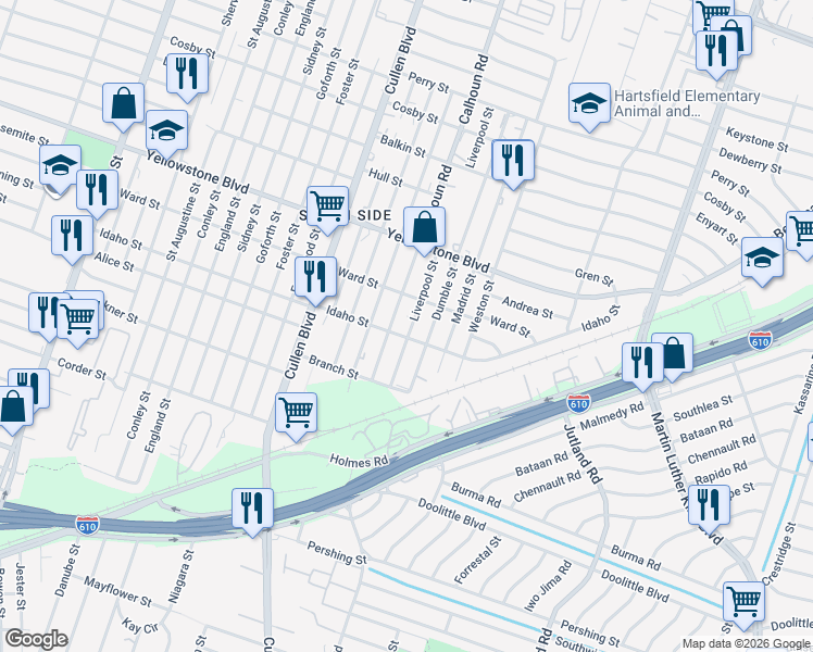 map of restaurants, bars, coffee shops, grocery stores, and more near 6809 Calhoun Road in Houston