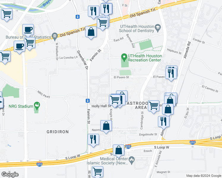 map of restaurants, bars, coffee shops, grocery stores, and more near in Houston
