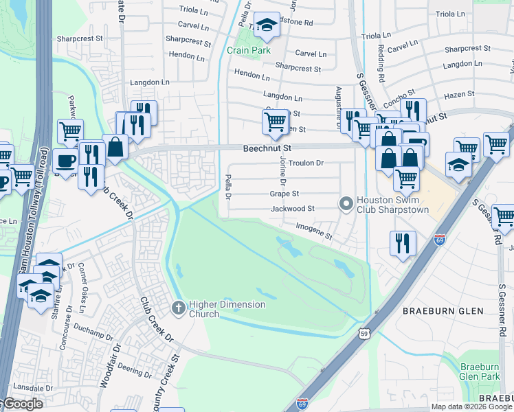 map of restaurants, bars, coffee shops, grocery stores, and more near 9103 Grape Street in Houston