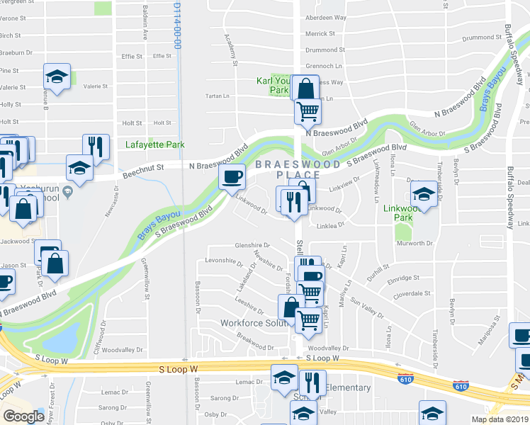 map of restaurants, bars, coffee shops, grocery stores, and more near 4088 Linkwood Drive in Houston
