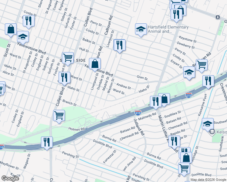 map of restaurants, bars, coffee shops, grocery stores, and more near 4910 Ward Street in Houston