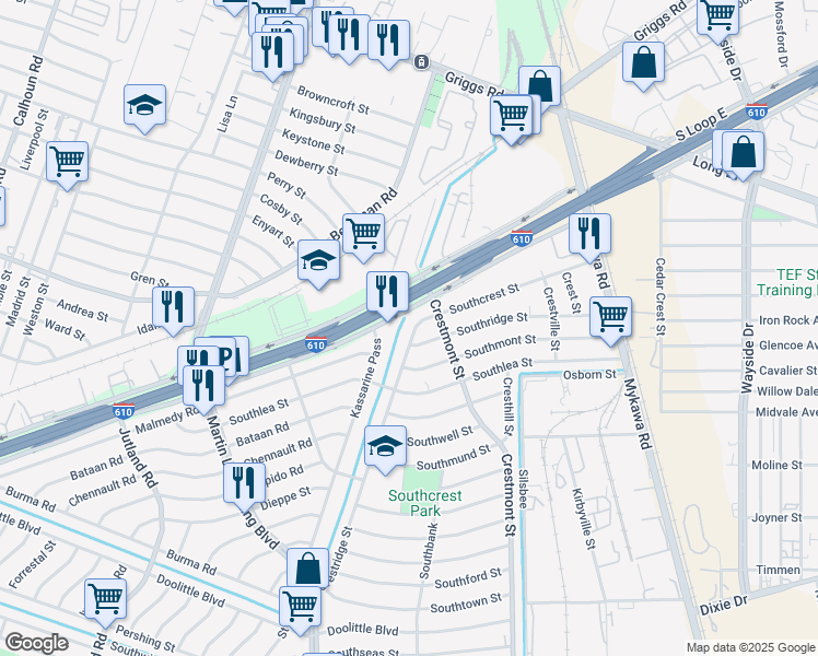 map of restaurants, bars, coffee shops, grocery stores, and more near 5809 Southcrest Street in Houston