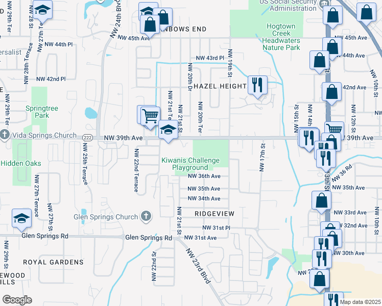 map of restaurants, bars, coffee shops, grocery stores, and more near 2101 Northwest 39th Avenue in Gainesville