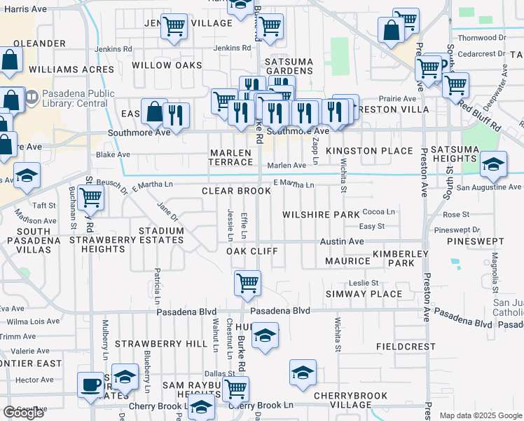 map of restaurants, bars, coffee shops, grocery stores, and more near 1508 Ruella Lane in Pasadena