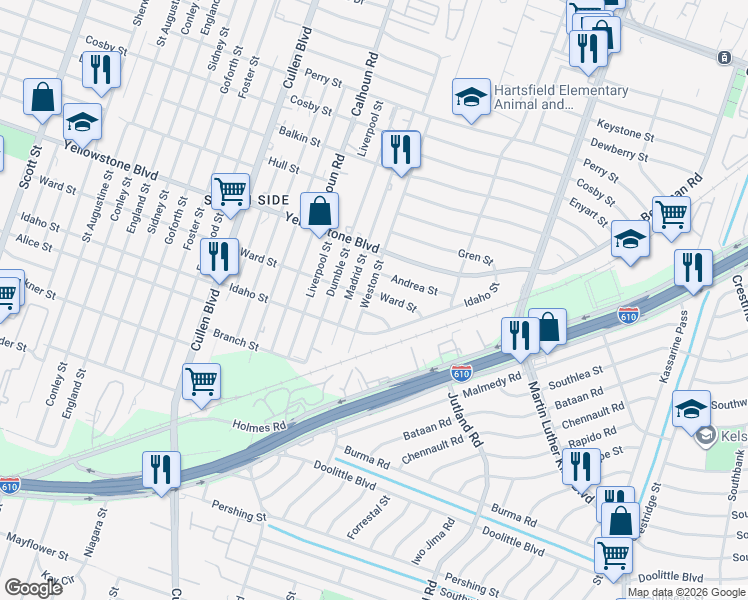 map of restaurants, bars, coffee shops, grocery stores, and more near 6734 Weston Street in Houston